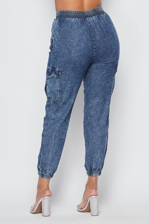 Acid Wash Cargo Denim Jogger Pants - SohoGirl.com